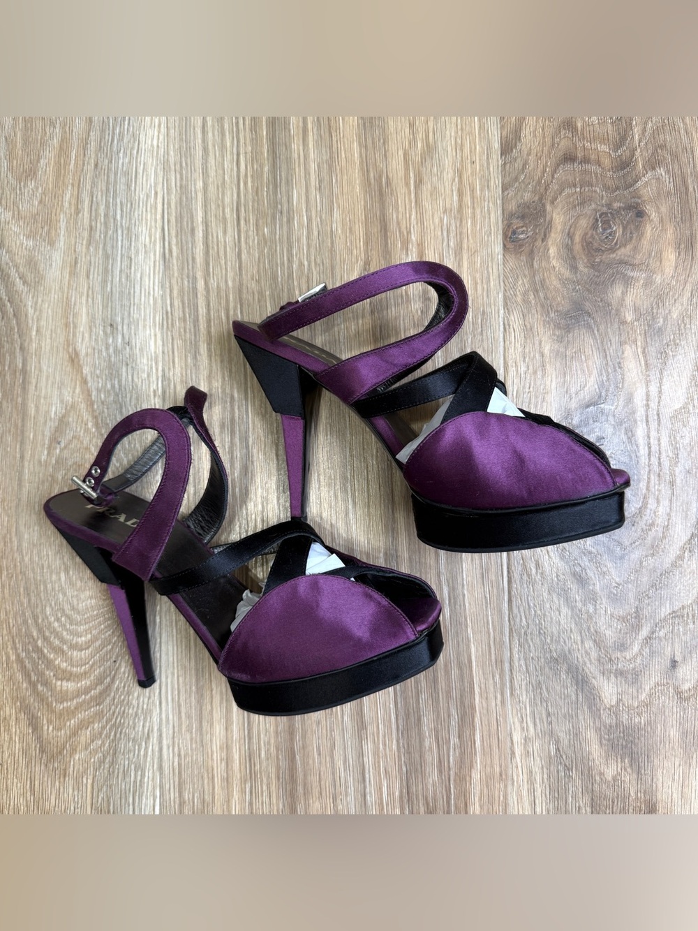 Prada Milano Satin & Leather Platform Sandals Purple Black Size 38 Made in Italy - Picture 5 of 9